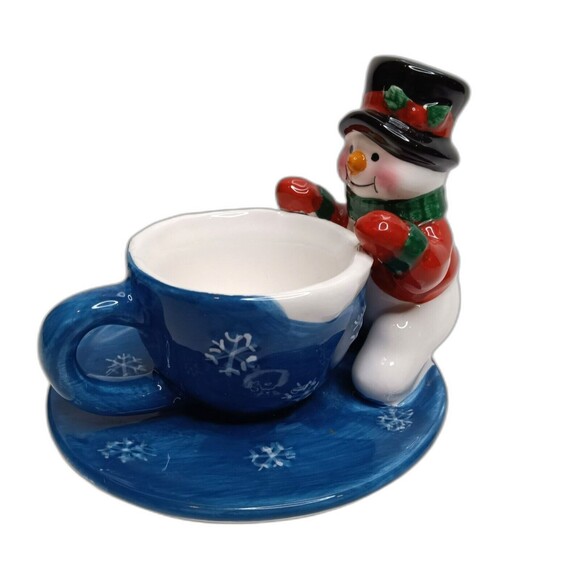 Christmas Ornament Snowman and Teacup Tealight Ceramic Candle Holder Decor - Picture 3 of 9